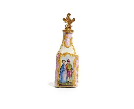An English enamel scent bottle, c.1760-80, the flattened rectangular form painted to two sides with courting couples within g