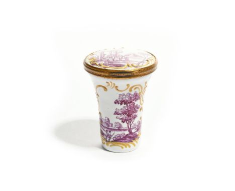 A rare English enamel double use cane or parasol handle, c.1760-80, the tapering form finely painted in purple monochrome wit