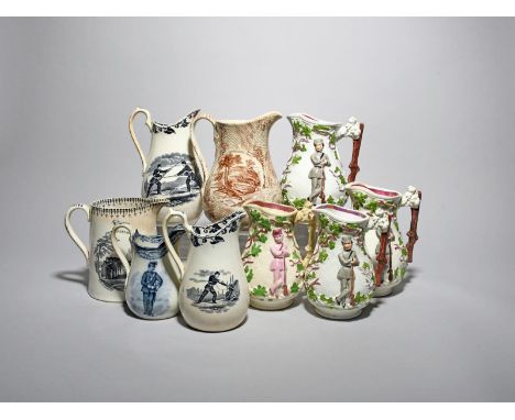 Four pearlware lustre jugs, 19th century, each moulded to two sides with a British volunteer soldier leaning on his rifle, wi