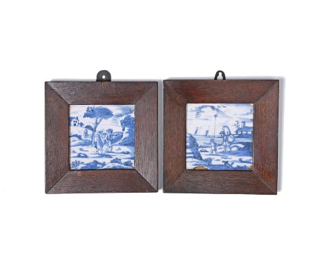 Two London delftware tiles, c.1720-40, painted in blue with travellers in a landscape, at the waterside and beneath a tall tr