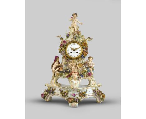 A large Meissen mantel clock and stand, 19th century, the clock case modelled with four putti emblematic of the Four Seasons,