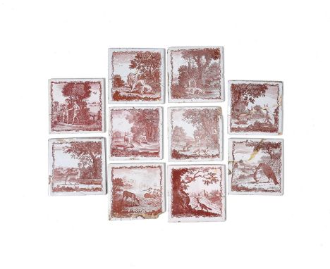 Ten Liverpool delftware Fable tiles, c.1770-85, printed by John Sadler in a dark red with scenes from Aesop's Fables, includi