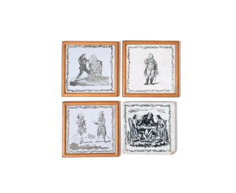Four Liverpool delftware printed tiles, c.1775-80, printed in black by John Sadler, three with scenes of dandified gentleman,