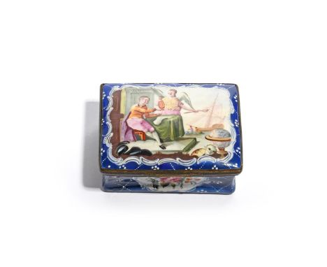 A large Bilston enamel snuff box, c.1765, possibly emblematic of travel, the cover depicting a figure seated at a table befor