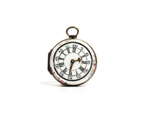A Staffordshire enamel patch box in the form of a pocket watch (faux montre), c.1770-80, the painted clock face with two mova