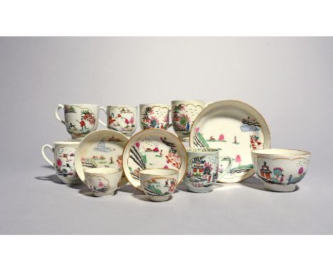 A group of English porcelain teawares, c.1760-1800, mostly Worcester, variously decorated with versions of the Stag Hunt patt
