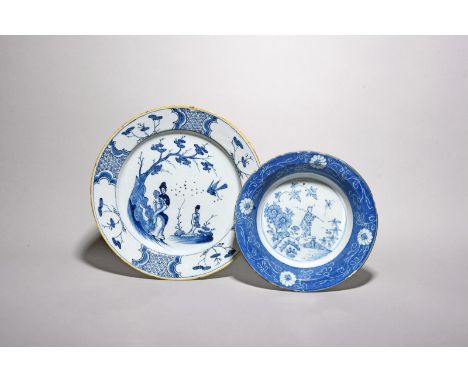 A large Bristol delftware plate, c.1750-60, probably Temple Back pottery, painted in blue with a Chinese lady holding a fan b