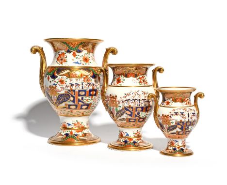 A graduated set of three Spode vases, c.1820, of New Shape Jar form, decorated in the Imari manner in pattern 967 with styliz