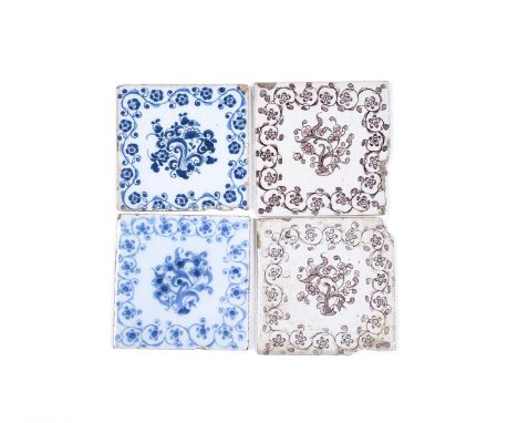 Four delftware tiles, c.1750-70, Bristol or Liverpool, two painted in blue and two in manganese with a stylized flowering pla