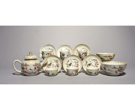 A composite European-decorated Chinese porcelain part tea service, 18th century, the porcelain originally decorated with vari