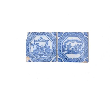 Two Liverpool delftware woodblock printed tiles, c.1756-7, printed in blue by John Sadler, one with a European couple taking 