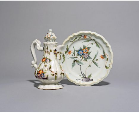 An Antonibon (Nove) maiolica coffee pot and cover, c.1775, the heavily moulded form painted with flower sprays in a limited p