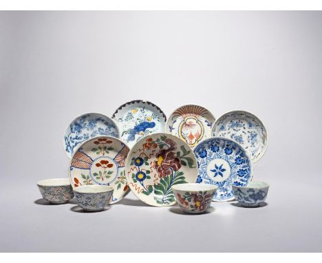 A collection of Dutch and English Delft teabowls and saucers, c.1740-60, a matching teabowl and saucer painted in polychrome 