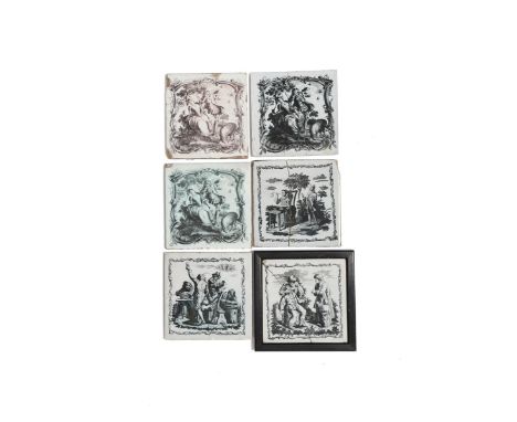 Six early printed Liverpool delftware tiles, c.1757-65, printed by John Sadler in black with scenes including a boy watching 