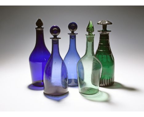 Five coloured glass decanters and stoppers, 19th century, a pair blue with penny stoppers engraved H and B for Hollands and B