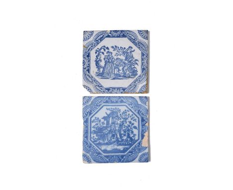 Two Liverpool delftware woodblock printed tiles, c.1756-7, printed in blue by John Sadler, one with a gallant kissing the han