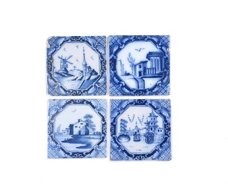 Four Liverpool delftware tiles, c.1750-75, painted in blue with octagonal panels containing buildings including a church, win