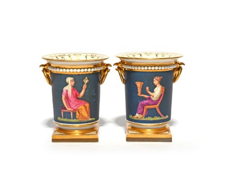 A pair of Flight Barr and Barr small vases, c.1815, each painted by Thomas Baxter with a seated Classical lady in polychrome 