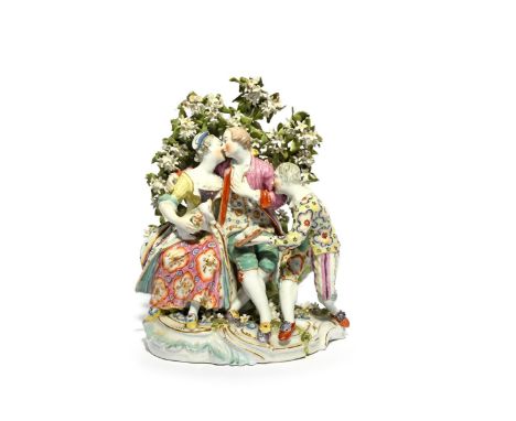 A rare Derby figure group of Isabella with a Gallant and Jester, c.1760, after a Meissen group of The Hypochondriac by J J Kä