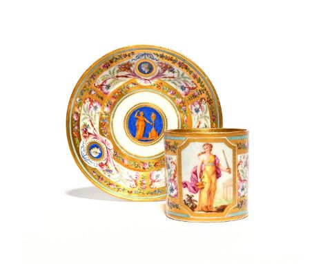 A Sèvres coffee can and saucer (gobelet litron et soucoupe), c.1780, the can painted with a figure of Justice holding scales 