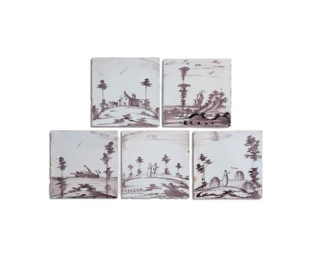 Five Liverpool delftware tiles, c.1740-60, painted in manganese with varying scenes including a haymaker, two travellers in t