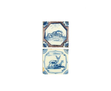 Two delftware animal tiles, c.1760-75, one probably Lambeth and painted with a boar being attacked by dogs, within an octagon