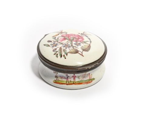 A Birmingham enamel circular snuff box, c.1760-80, the top finely painted with two flying insects on a large pink rose with a