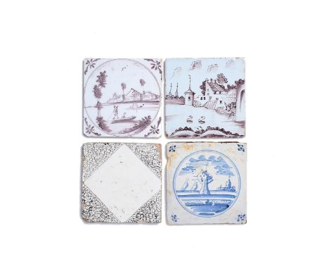 Four delftware tiles, c.1750-75, one Bristol and painted in manganese with a figure punting in an island scene, another proba