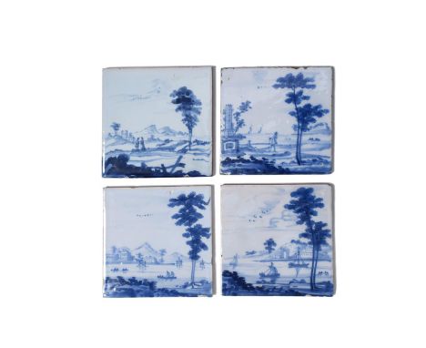 Four Bristol delftware tiles, c.1750-70, painted in the Bowen manner with figures, boats and buildings beneath tall sponged t