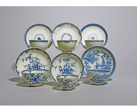 Six Worcester blue and white teabowls and saucers, c.1760-80, three moulded with a band of narrow ribbing, two painted with t