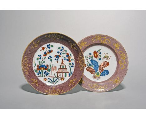 A delftware plate and a saucer dish, c.1750, probably London, painted to the wells in a bold polychrome palette with Oriental