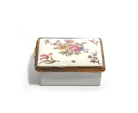 A rectangular enamel snuff box, c.1755-60, possibly Battersea, painted with a butterfly above flowers including pink rose, th