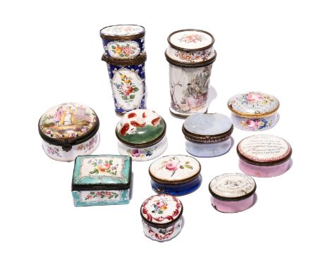 Seven English enamel snuff and patch boxes and two etuis, c.1760-80, one etui painted with a courting couple, the other with 