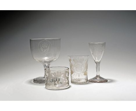 Four armorial glasses, c.1770 and later, one engraved with the initials 'RDV' beneath a crown, the reverse with a winged figu