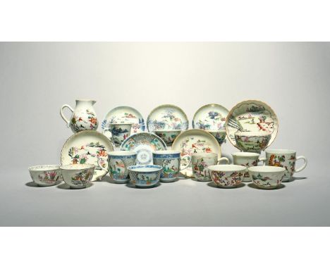 A group of European-decorated Chinese porcelain teawares, 18th century, including five teabowls and saucers, a trio, two teab