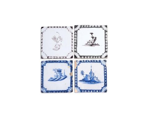 Four delftware tiles, c.1750-70, Bristol or Liverpool, two painted in blue with buildings on an island, one in manganese with