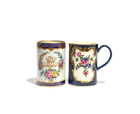 Two Worcester cylindrical mugs, c.1770-80, one painted with a floral wreath encircling monogrammed initials 'JSH', the other 