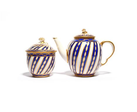 A Sèvres teapot and cover (théière calabré) and a sucrier and cover (pot à sucre calabré), c.1770, both decorated with diagon