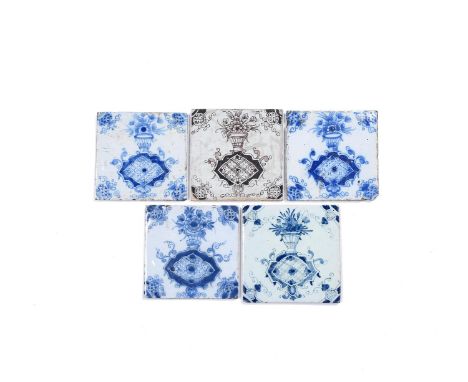 Five delftware tiles, c.1750-70, probably Bristol and Liverpool, painted in blue and manganese with a vase of flowers perched