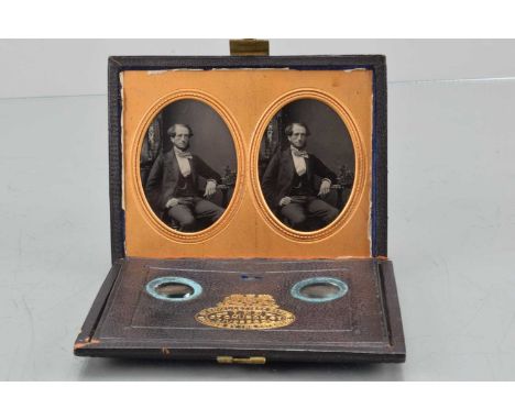 A Stereoscopic Ambrotype, by Lee 57  Church St. Liverpool, of gentleman in formal dress, in integral viewing case, case damag