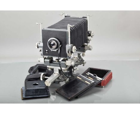 A De Vere 5 x 4 Monorail Camera, all moves freely, body G, some pitting to chrome on focus knobs, bellows G, with Schneider K