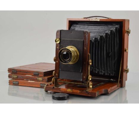 A J. Lancaster Mahogany & Brass Whole Plate Field Camera, body G, some tarnishing to brass, bellows G, all moves freely, has 