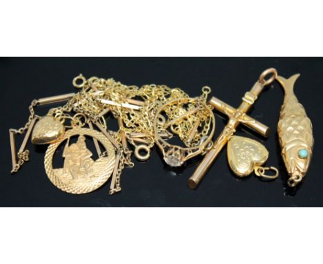 A mixed lot of 9ct gold and yellow metal, gross wt. 16.10g.  