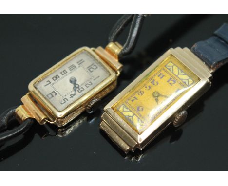 Two early 20th century tank style ladies gold wristwatches comprising an 18ct gold Sapho Watch Co 16 jewel manual wind with h