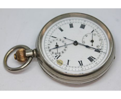 A vintage Swiss made nickel plated chronograph pocket watch having unsigned white enamel dial with Roman numerals, outer 60mi