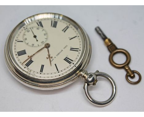 A Victorian hallmarked silver Thomas Russell &amp; Son mid sized lever pocket watch, the signed white enamel dial having Roma