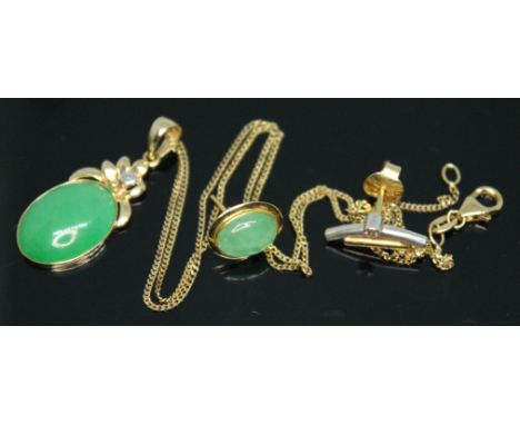 A hallmarked 14ct gold jade cabochon and diamond pendant on 14ct gold chain, together with a similar single ear stud marked 1