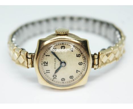 An early 20th century 9ct gold Rolex Rolco 15 jewel manual wind wristwatch with dial signed 'Rolco', Arabic numerals and leaf