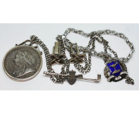 A mixed lot comprising a Victoria 1893 crown in mount marked 'Silver' and on white metal chain, a diamond bracelet marked '92