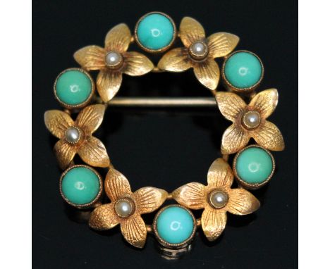A hallmarked 9ct gold wreath brooch set with turquoise and seed pearls, diam. 30mm, gross wt. 4.28g.  Condition - good, no da